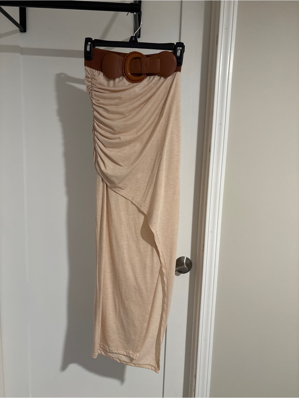 Beige Ruched Maxi Skirt with Brown Belt